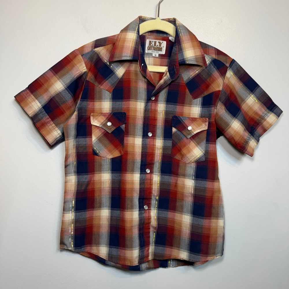 Ely Cattleman Boys Red Blue Plaid Metallic Gold Thread Western Snap Shirt Size S
